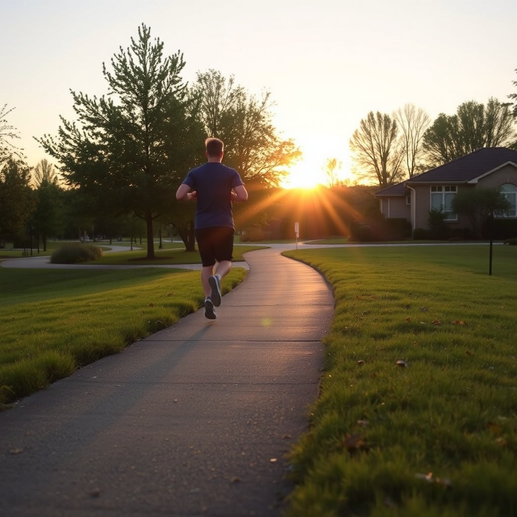 Jogger on a trail at sunrise