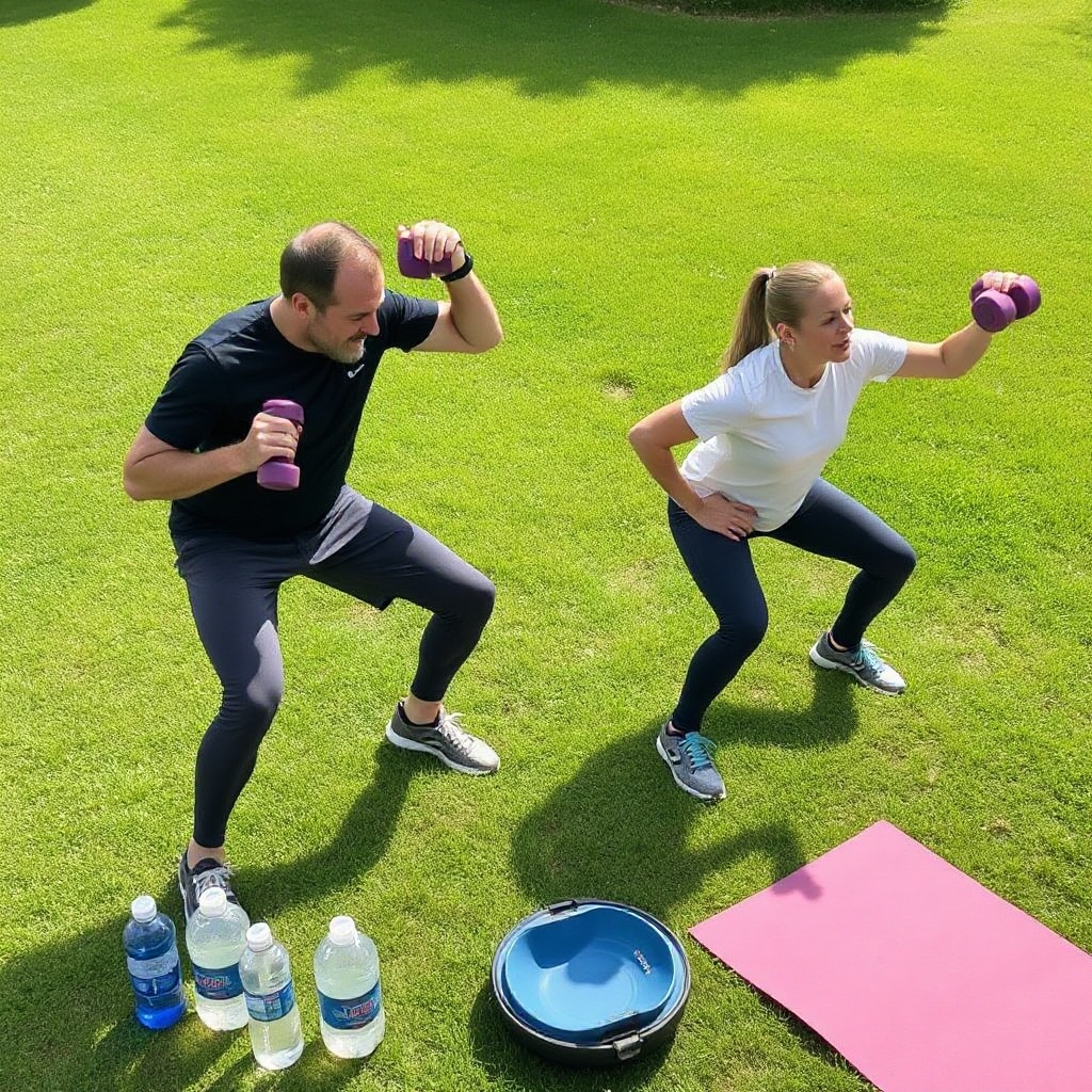 Adults doing outdoor strength training
