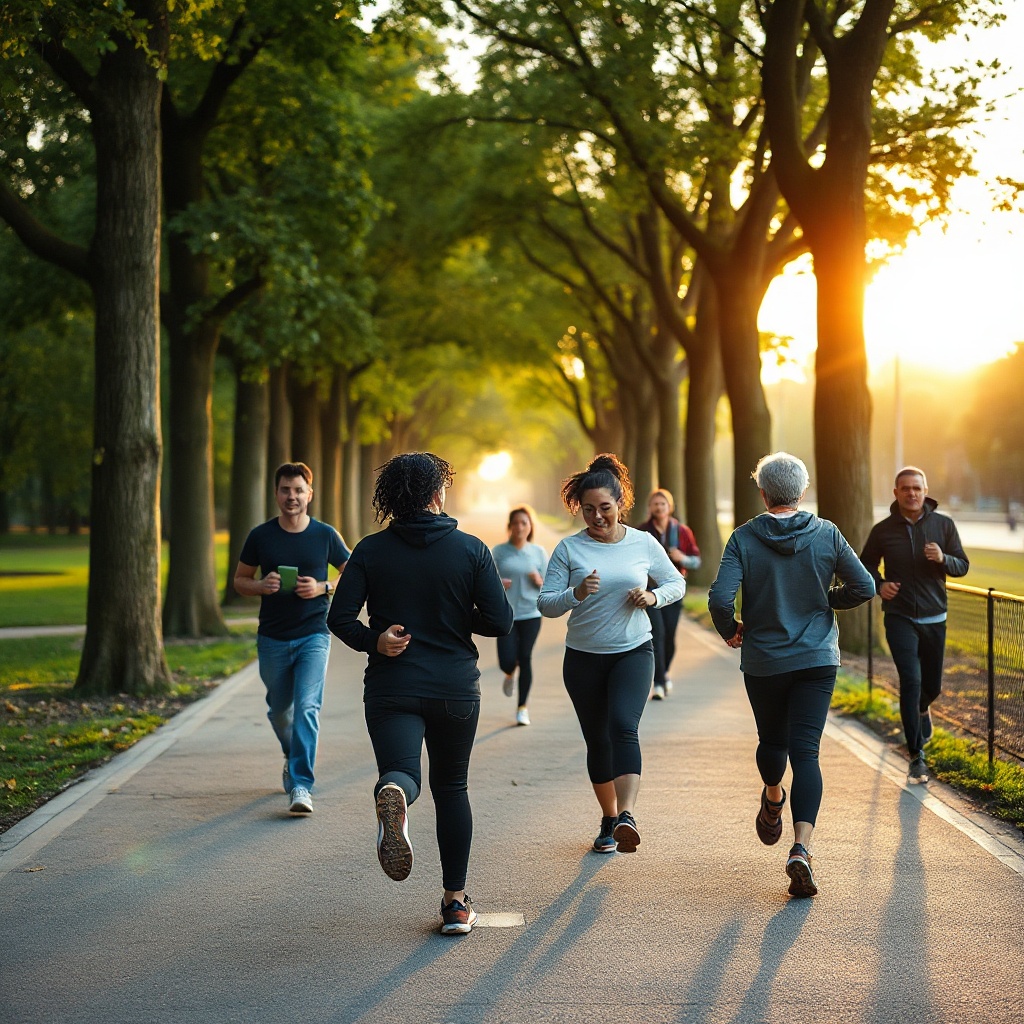 People walking and jogging in a park at sunrise