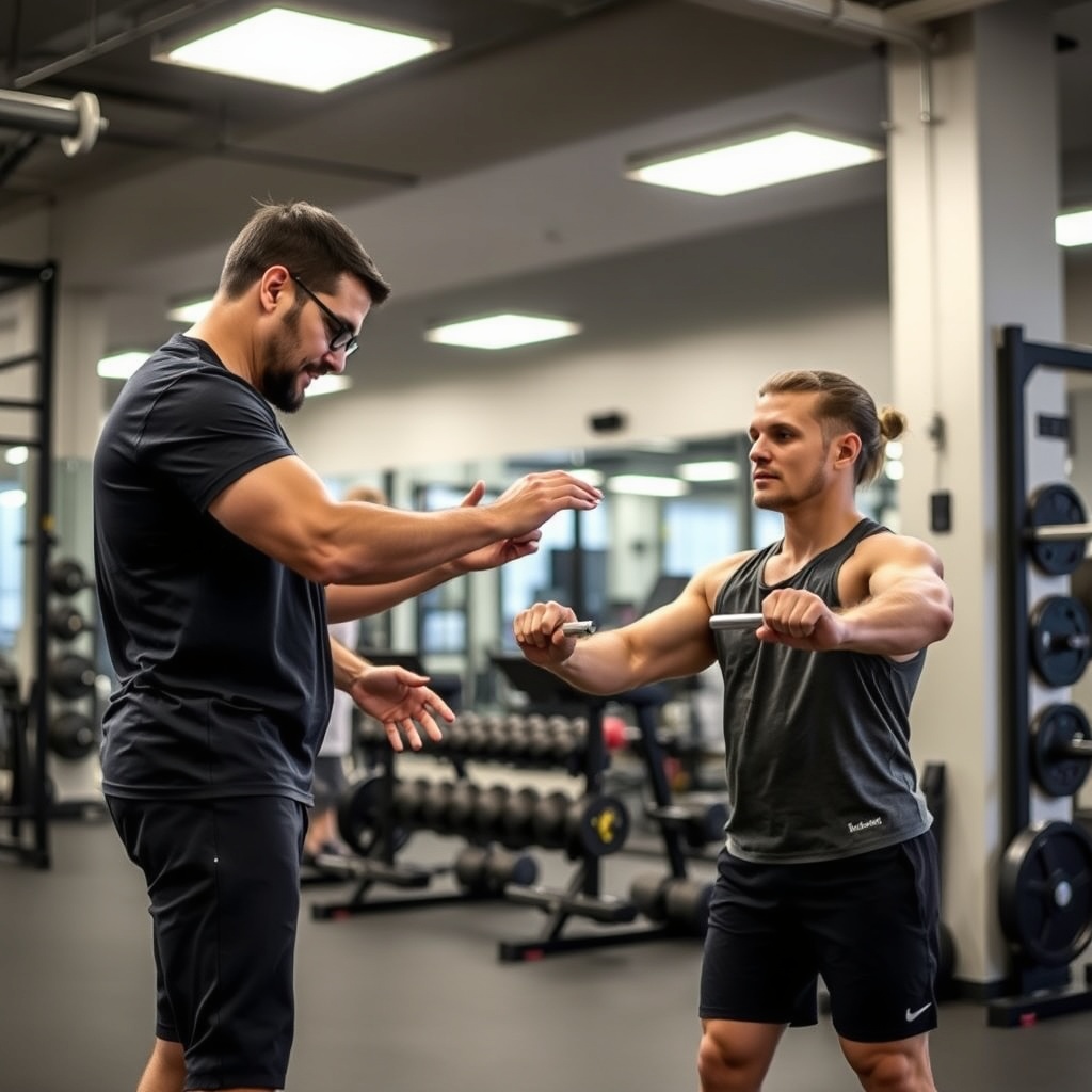 Trainer showing proper exercise form to a client